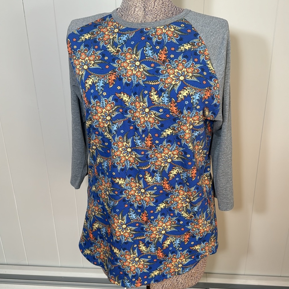 LuLaRoe Womens Large Randy Ragland Blouse Blue Gray Floral Stretchy